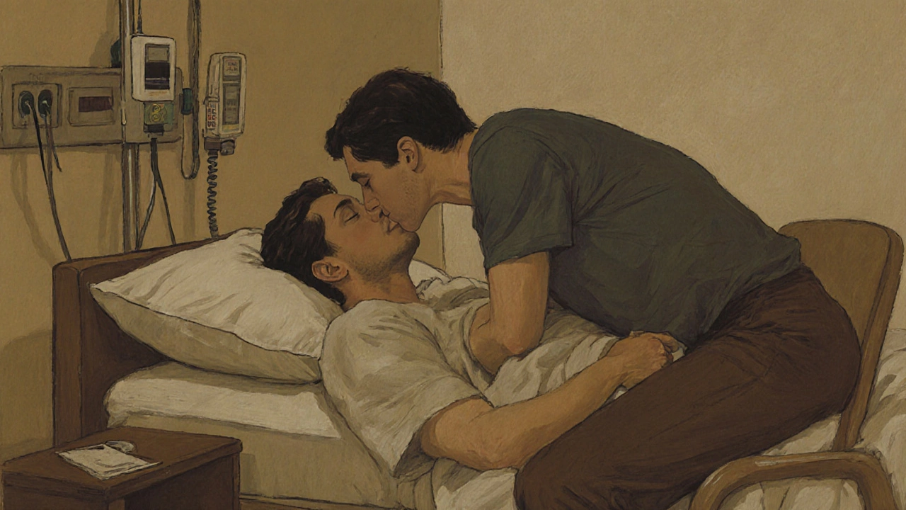 A man lying on a bed with pillows, partner kissing his forehead gently, warm and tender atmosphere.