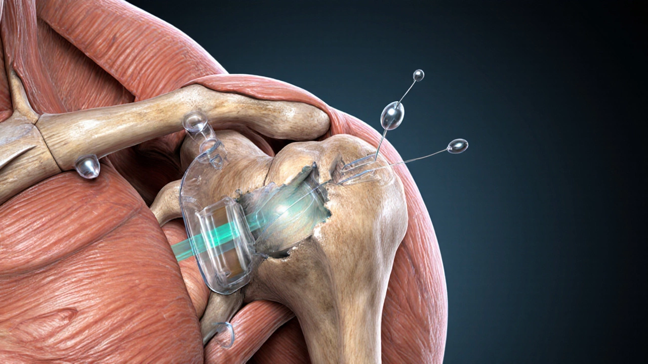 Arthroscopic view of a rotator cuff tendon being re‑attached with suture anchors inside a shoulder joint.