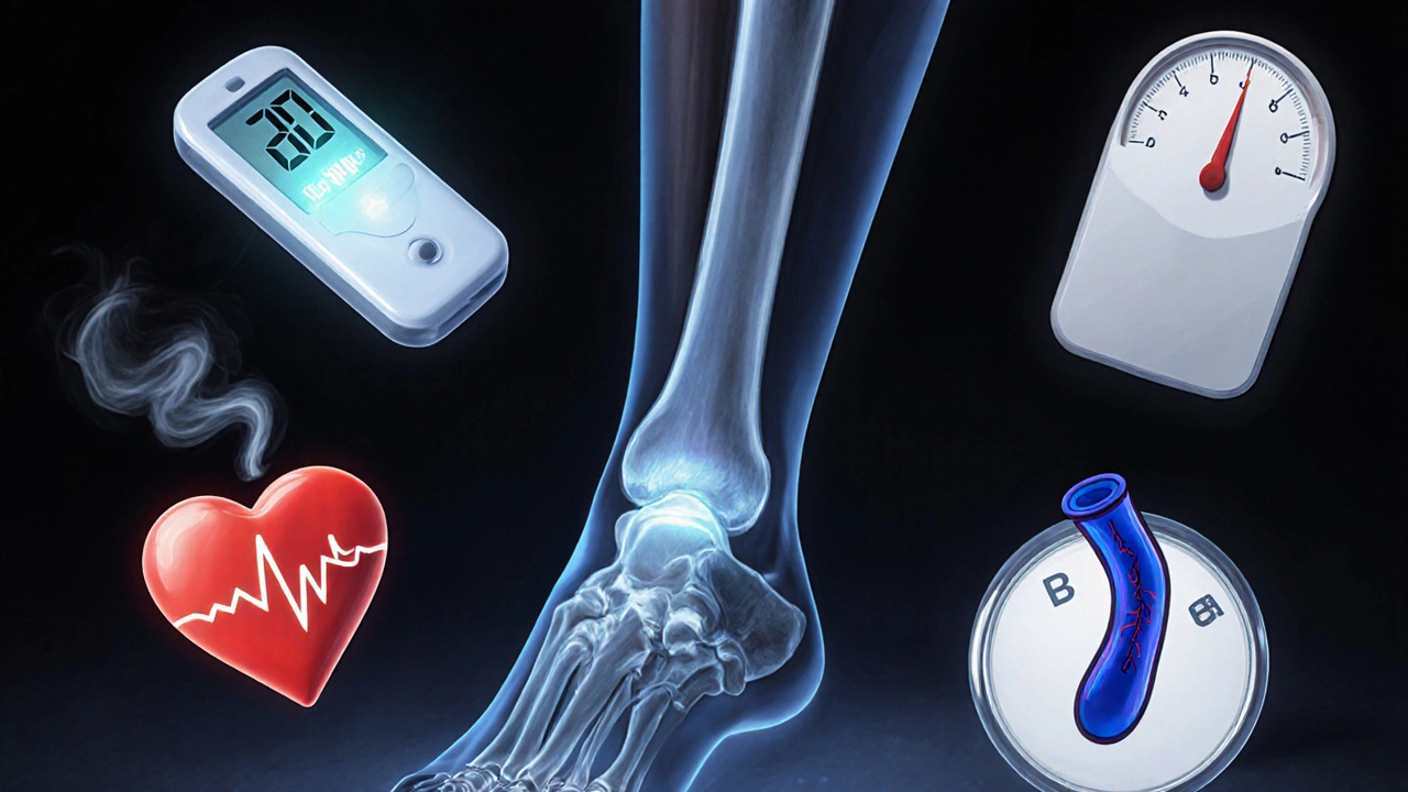 Artistic collage of a leg highlighting diabetes, smoking, heart disease, obesity, and infection risks.