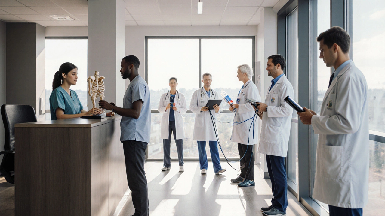 Clinic hallway with a patient and five doctors each holding tools representing their specialties.