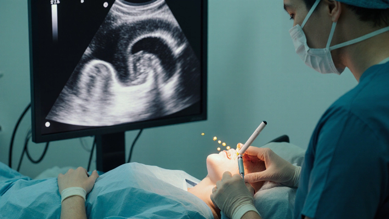 Close‑up of a doctor performing egg retrieval with a needle under gentle lighting.