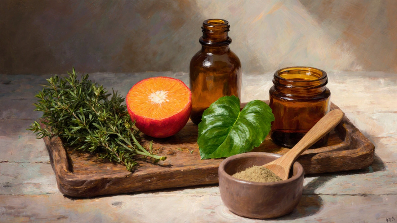 Close‑up of Bhringraj, Amla, Brahmi, Neem, Ashwagandha herbs with oil bottle.