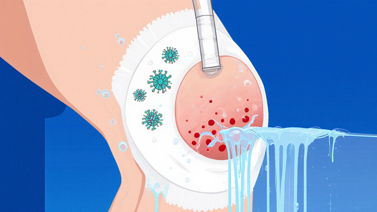 Close‑up of knee dressing with water droplets, drain tube, bacteria icons, and swelling illustration.
