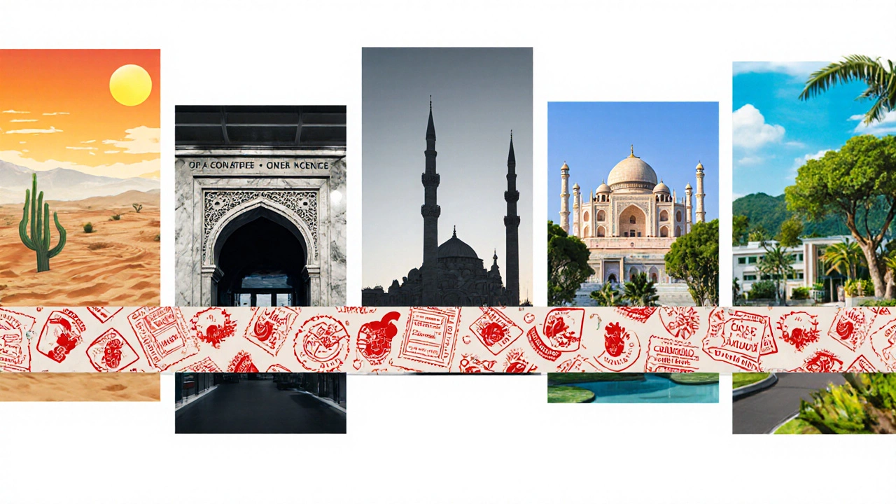 Collage of Mexico, India, Thailand, Turkey, Costa Rica landmarks paired with modern clinics.