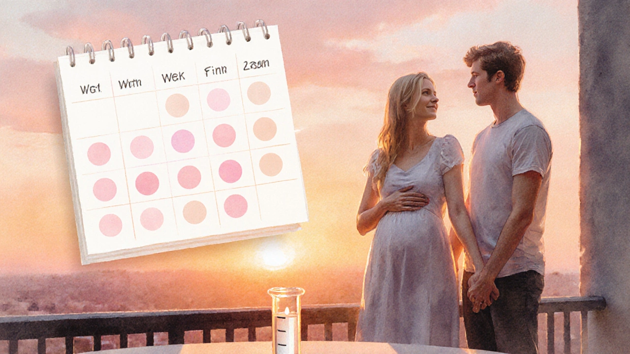Couple holding hands looking hopeful as sunrise rises behind a softly marked calendar.