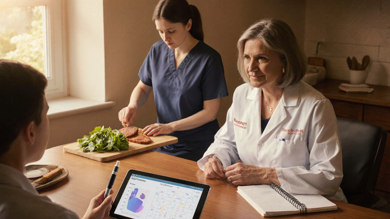 Doctor consulting a patient with GLP‑1 pen and nutritionist preparing a healthy meal.