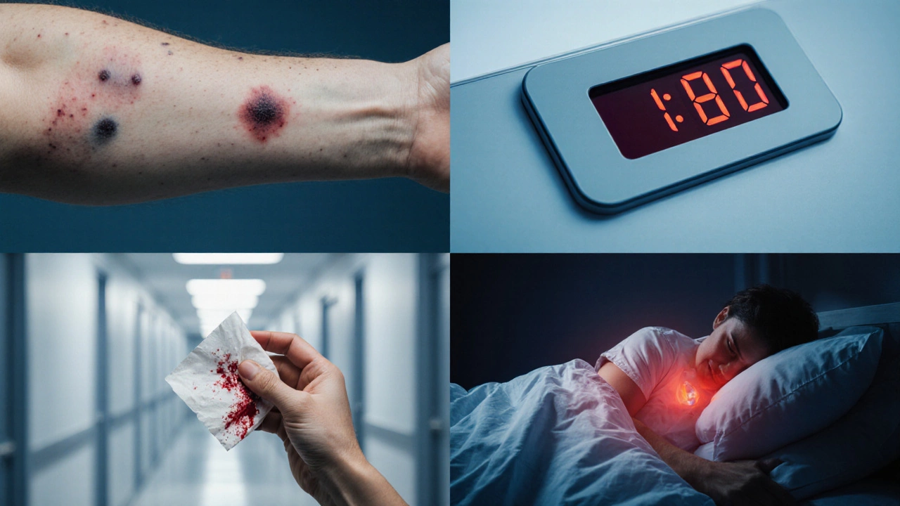 Four‑panel montage of a changing mole, dropping scale reading, blood on tissue, and person with back pain.