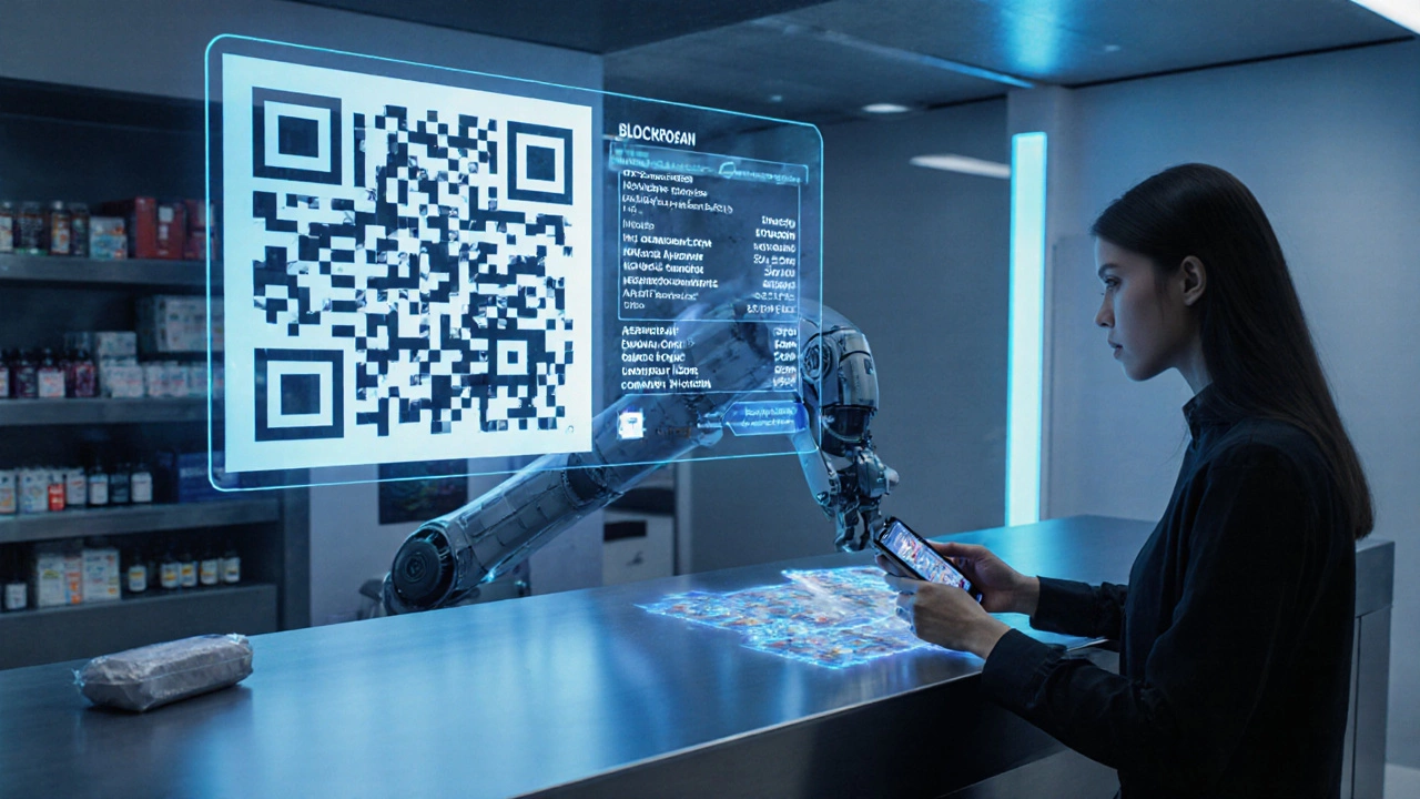 Futuristic pharmacy kiosk with QR code, holographic blockchain traceability, and cold‑chain package.