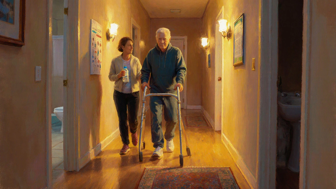 Home hallway with patient using a walker, family support, and safe‑home setup.