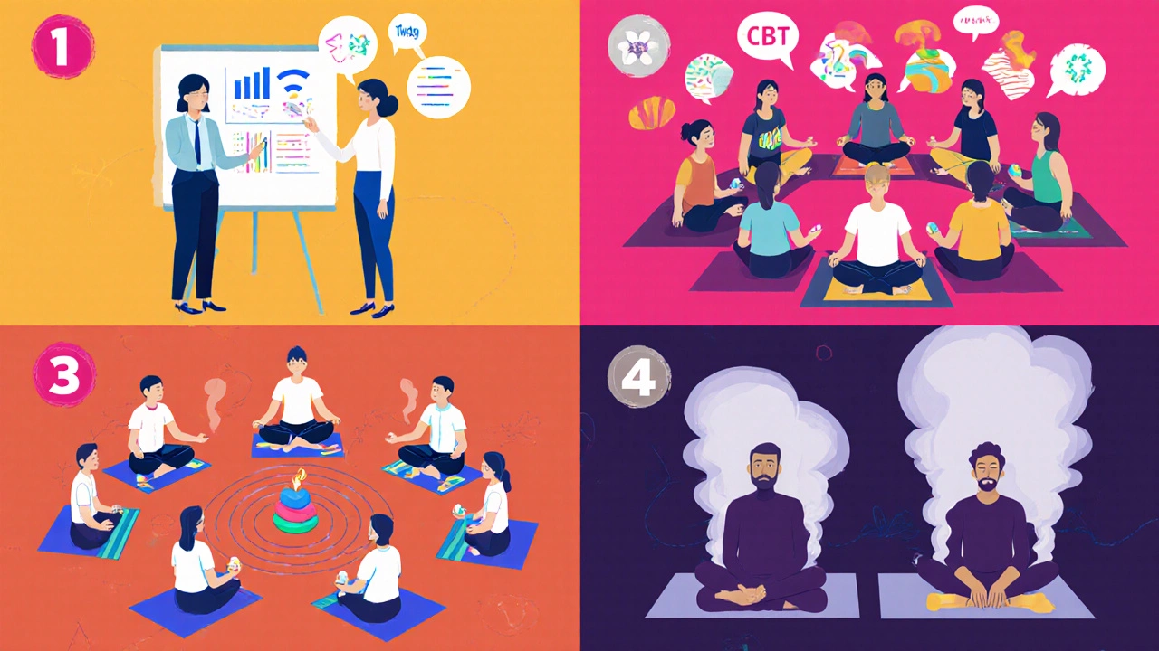 Illustrated collage of CBT, DBT, EMDR, and mindfulness therapy sessions.