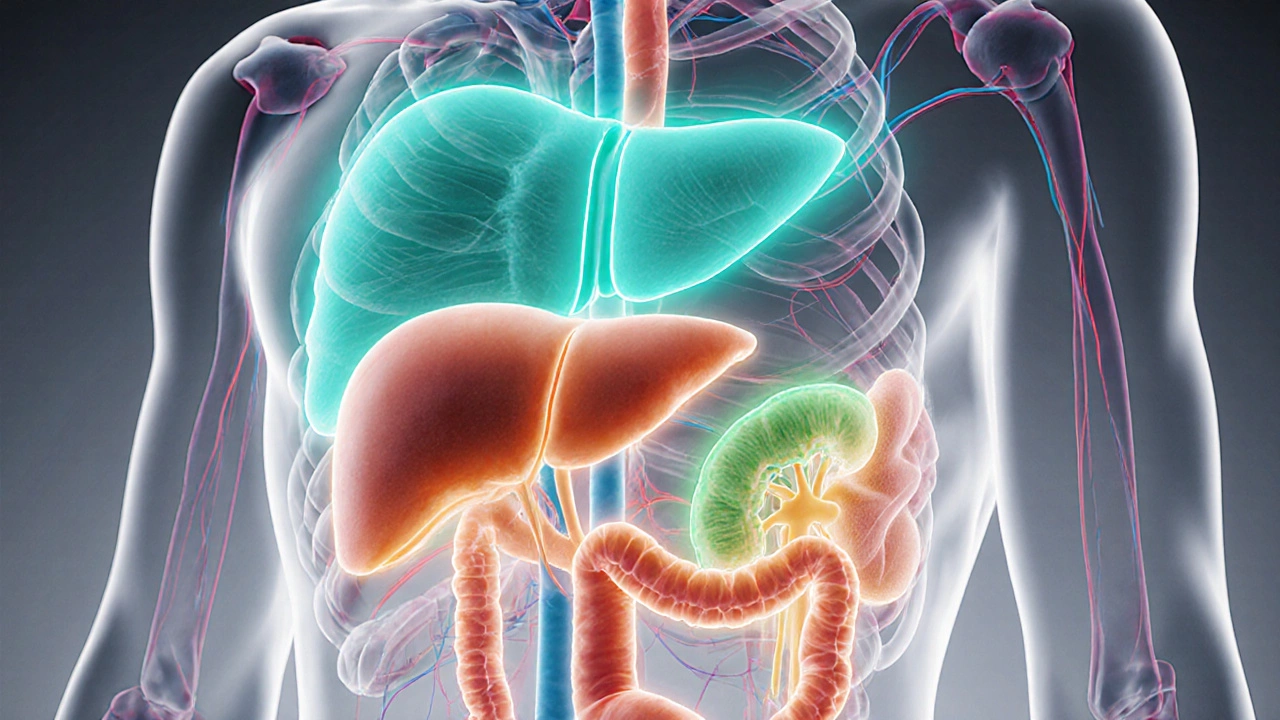 Illustrated human silhouette highlighting liver, pancreas, and kidneys affected by diabetes drugs.