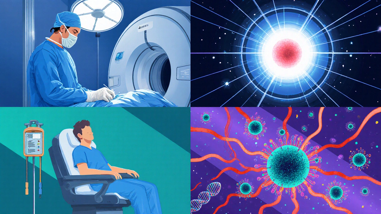 Illustrated quadrants showing surgery, radiation, chemotherapy, and immune cells battling cancer.