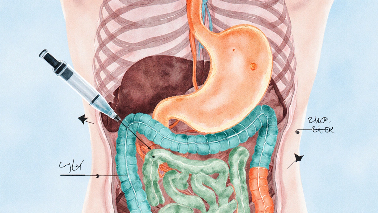 Illustration highlighting pancreas, gallbladder, and kidneys with an Ozempic pen nearby.