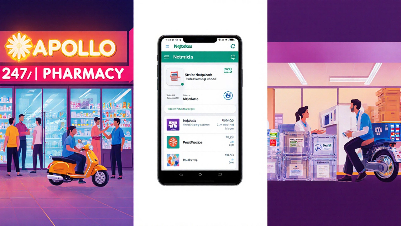 Illustration of Apollo, Netmeds, and MedPlus showcasing their key reliability features.