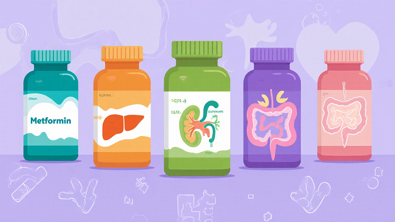 Illustration of five diabetes pill bottles with organ icons showing their actions.