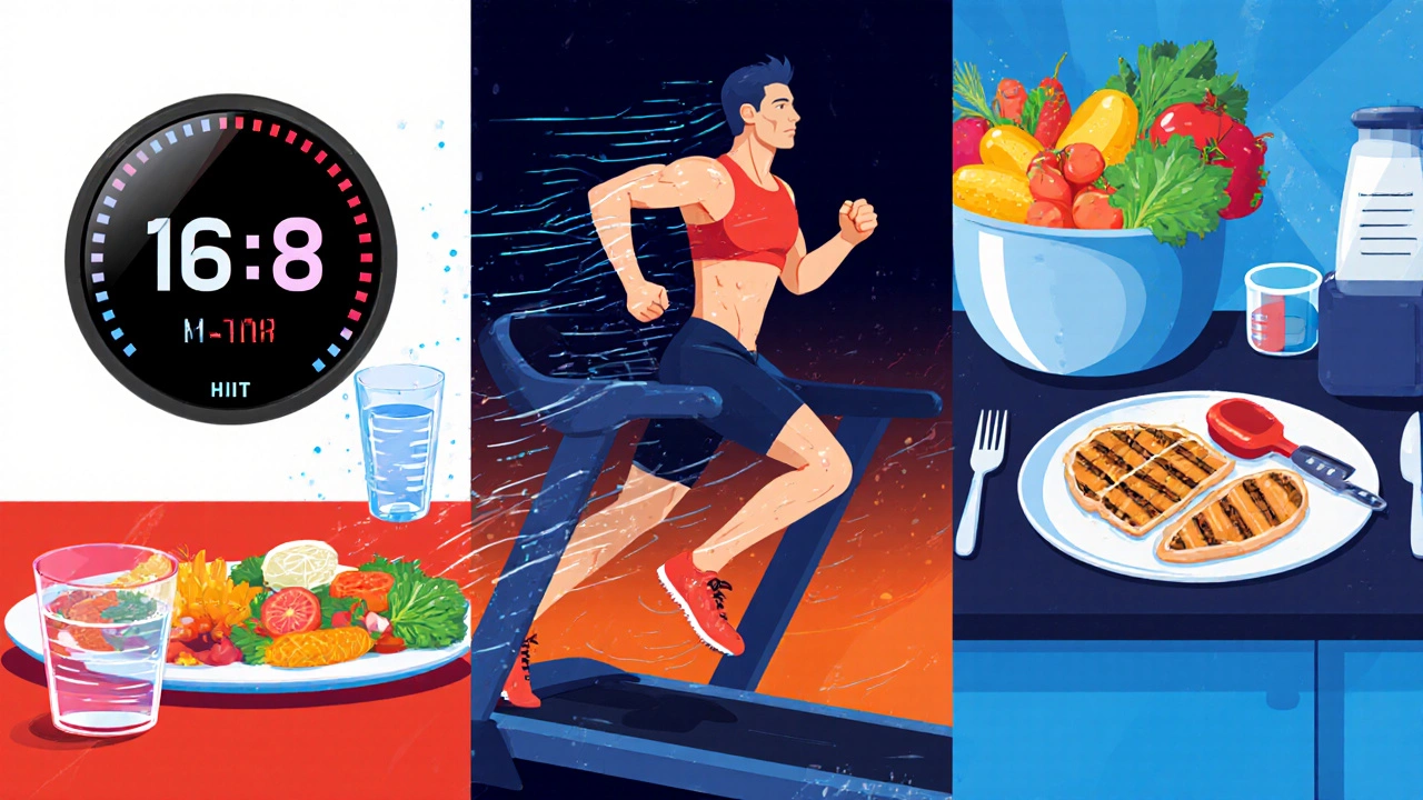 Illustration showing intermittent fasting clock, HIIT workout, and low‑carb meal prep.
