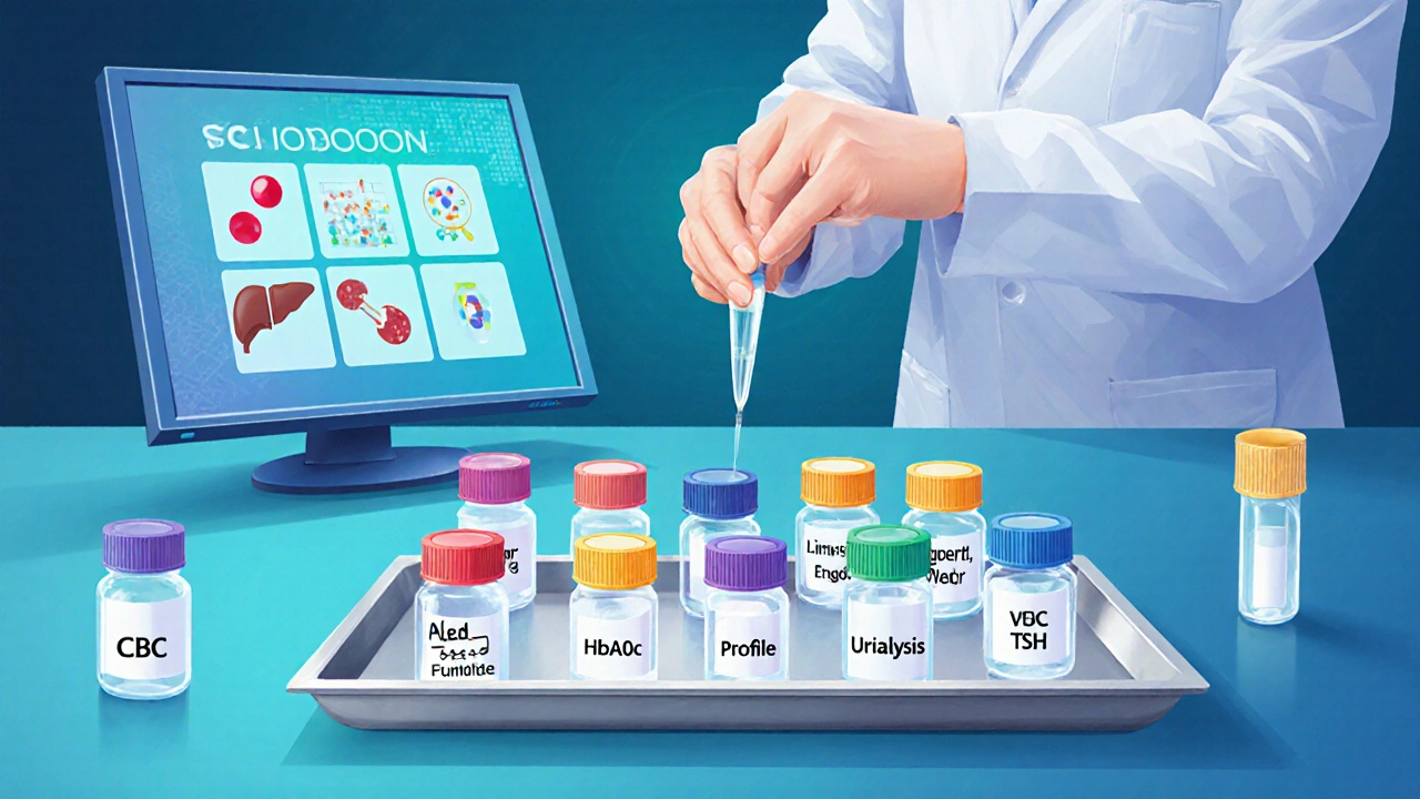 Lab bench with labeled test tubes for CBC, CMP, lipid, HbA1c, TSH, vitamin D, and urinalysis, viewed by a lab coat wearer.