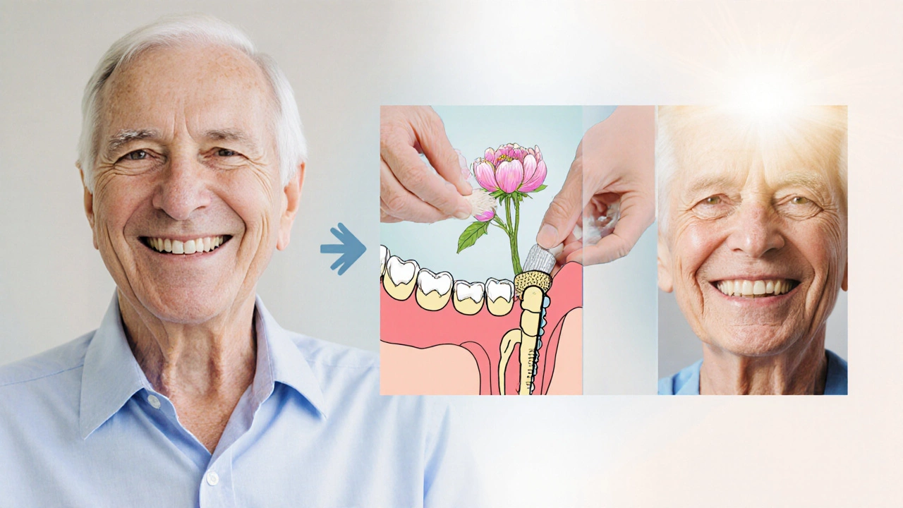 Older adult smiling after a bone graft and implant, shown in a hopeful timeline.