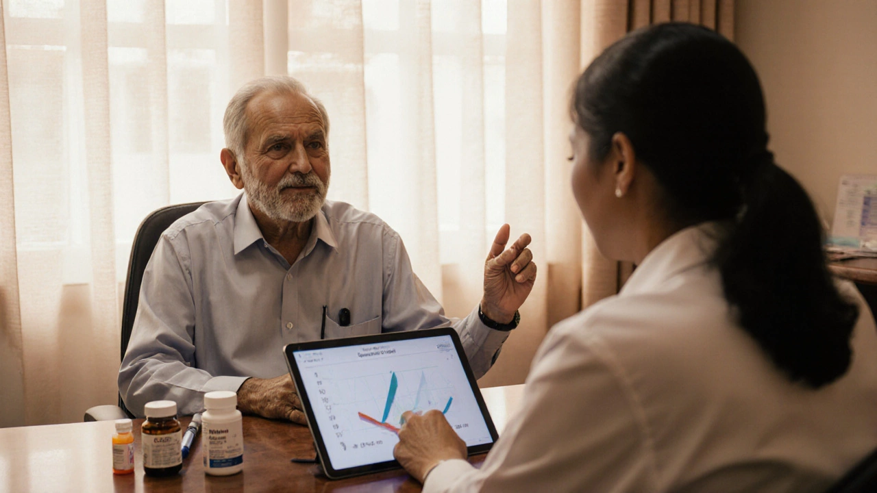 Patient and doctor discussing treatment options with medication bottles on the clinic table.