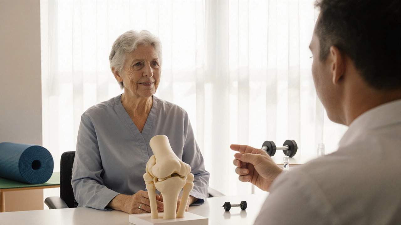 Patient consulting with surgeon in a bright room, with hints of non‑surgical treatment options.