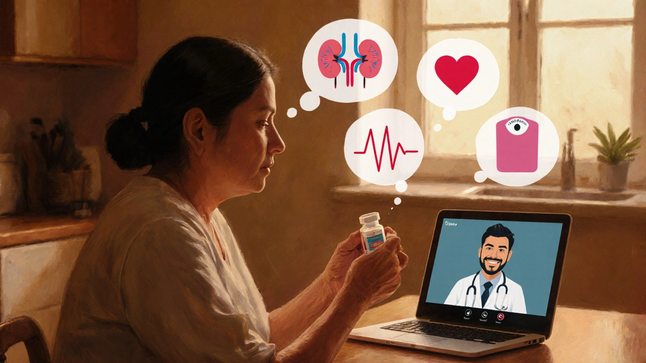 Patient contemplating kidney, heart, and weight factors while video chatting with a doctor.