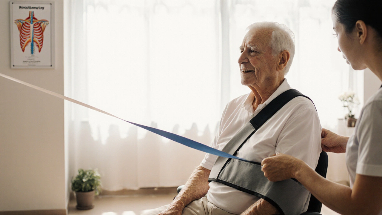 Patient in a sling performing shoulder rehab with a therapist in a bright therapy clinic.