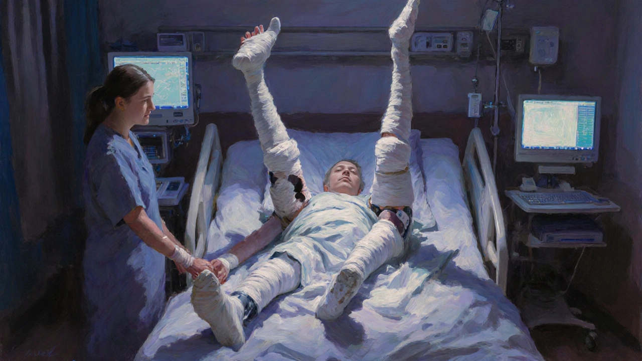 Patient in hospital bed with limb reconstruction devices, family holding hand