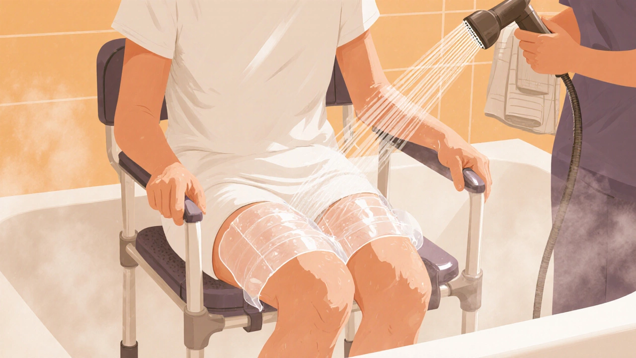 Patient on shower chair with waterproof knee cover, gentle handheld sprayer nearby in warm bathroom.