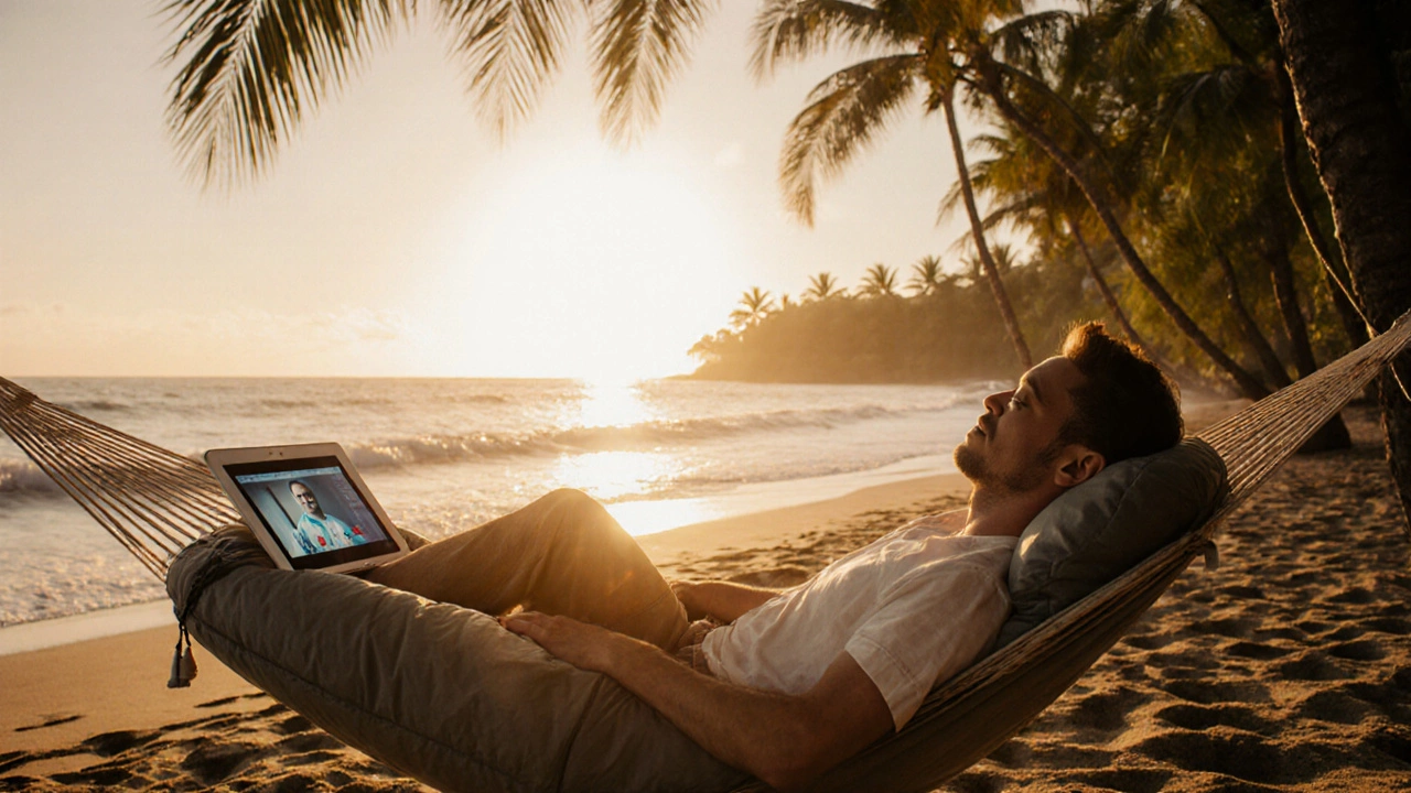 Patient relaxing on beach hammock at sunset with medical kit and video call to surgeon.