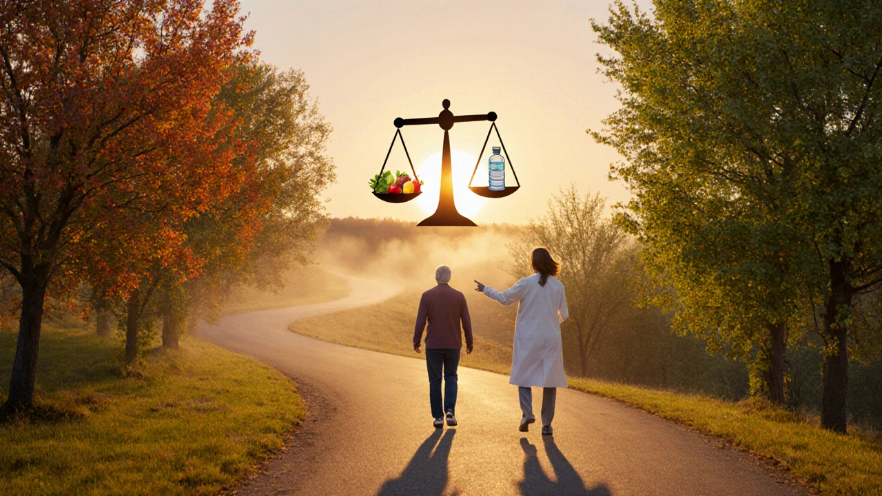 Patient walking toward sunrise, balanced scale with syringe and healthy lifestyle symbols.