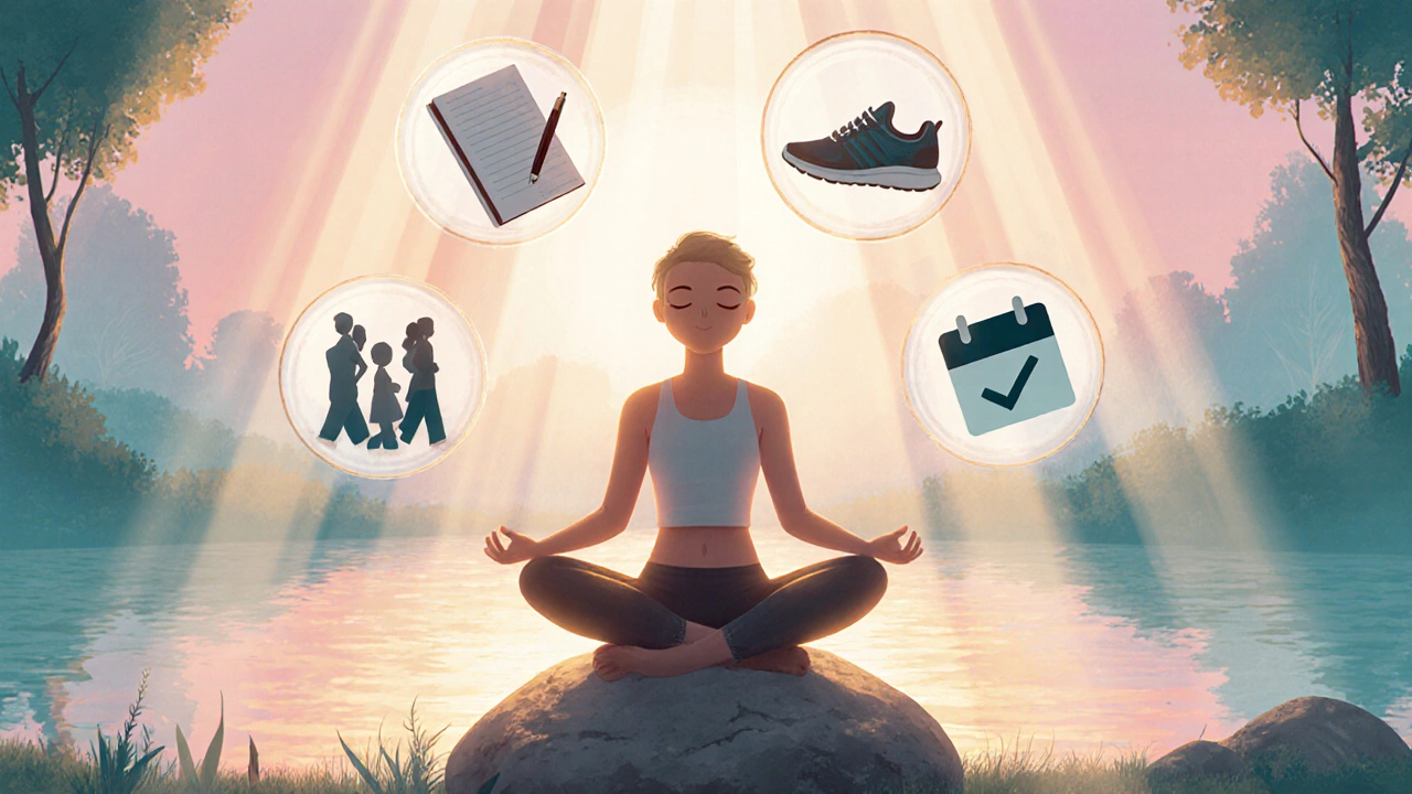 Person meditating at sunrise outdoors, floating icons of journal, walk, friends.