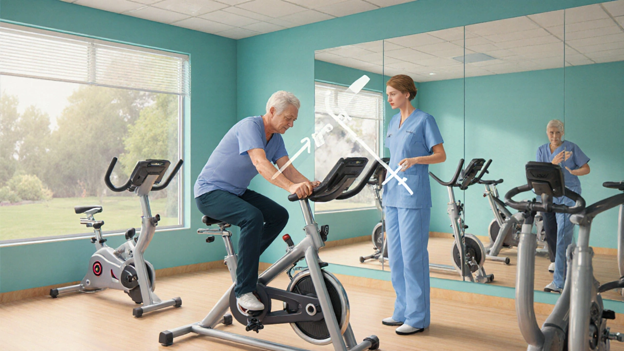 Rehab gym scene with therapist helping patient on stationary bike, knee flexed to 70 degrees.