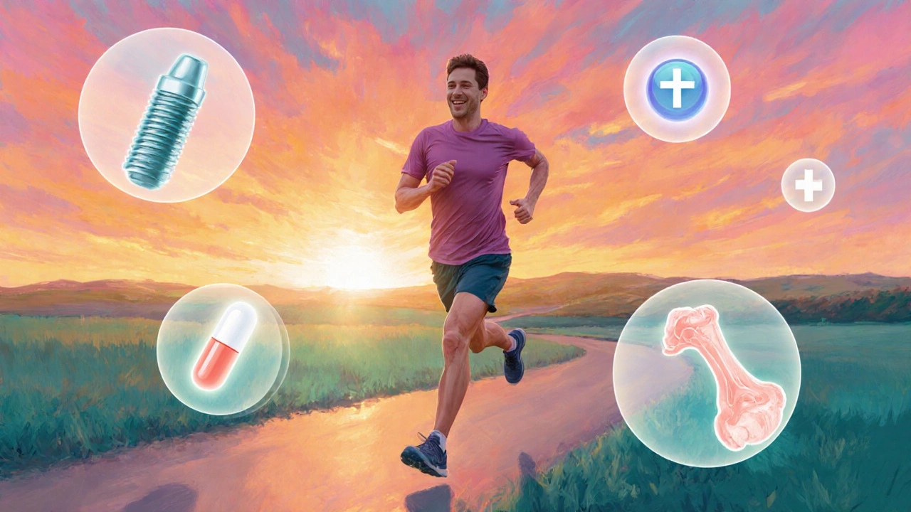 Runner at sunrise surrounded by faint medical symbols like implant and therapy ball.