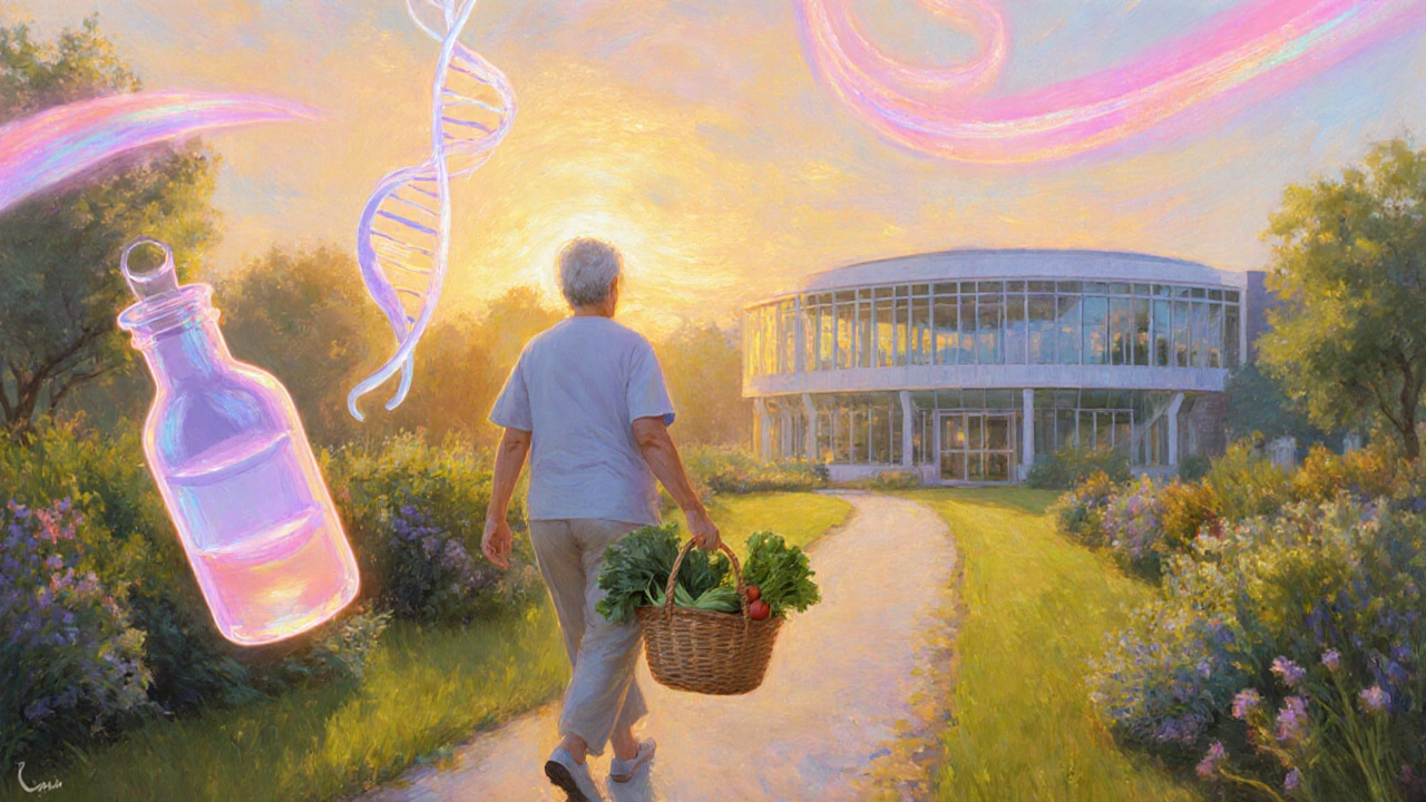 Survivor walking a garden path with subtle DNA and therapy symbols under a hopeful sunrise.