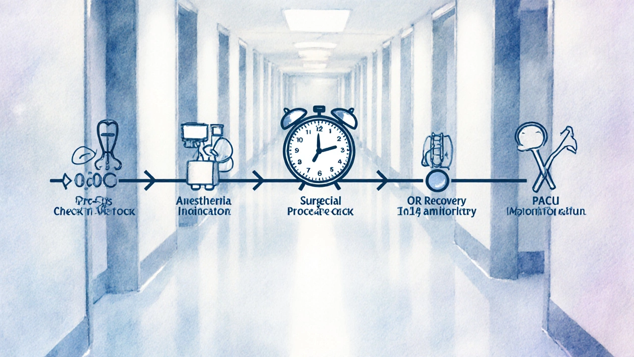 Timeline illustration showing stages of orthopedic surgery from check-in to recovery in a hospital setting.