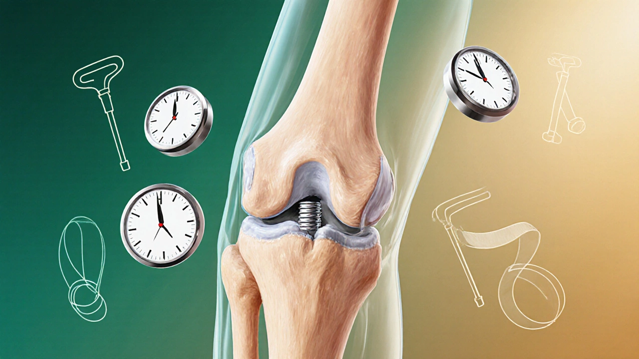Transparent knee joint with surgical implants and floating clocks indicating procedure duration.