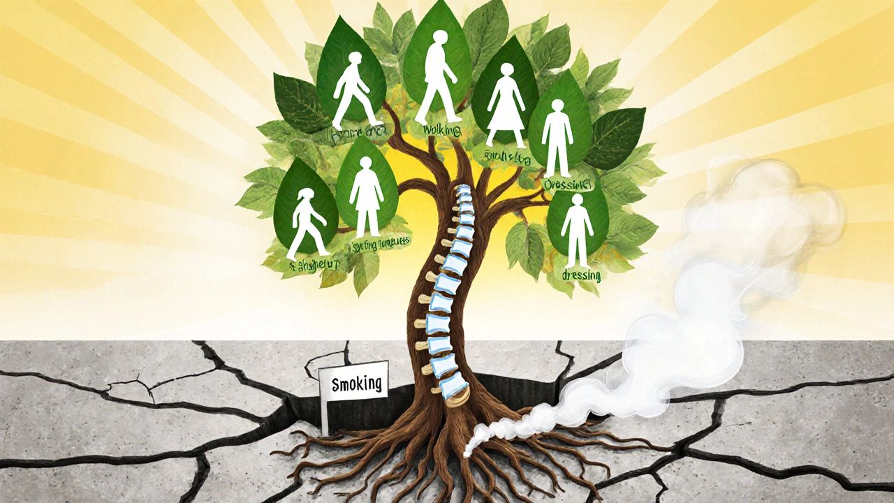 Tree with spine-shaped roots growing through concrete, leaves marking recovery milestones