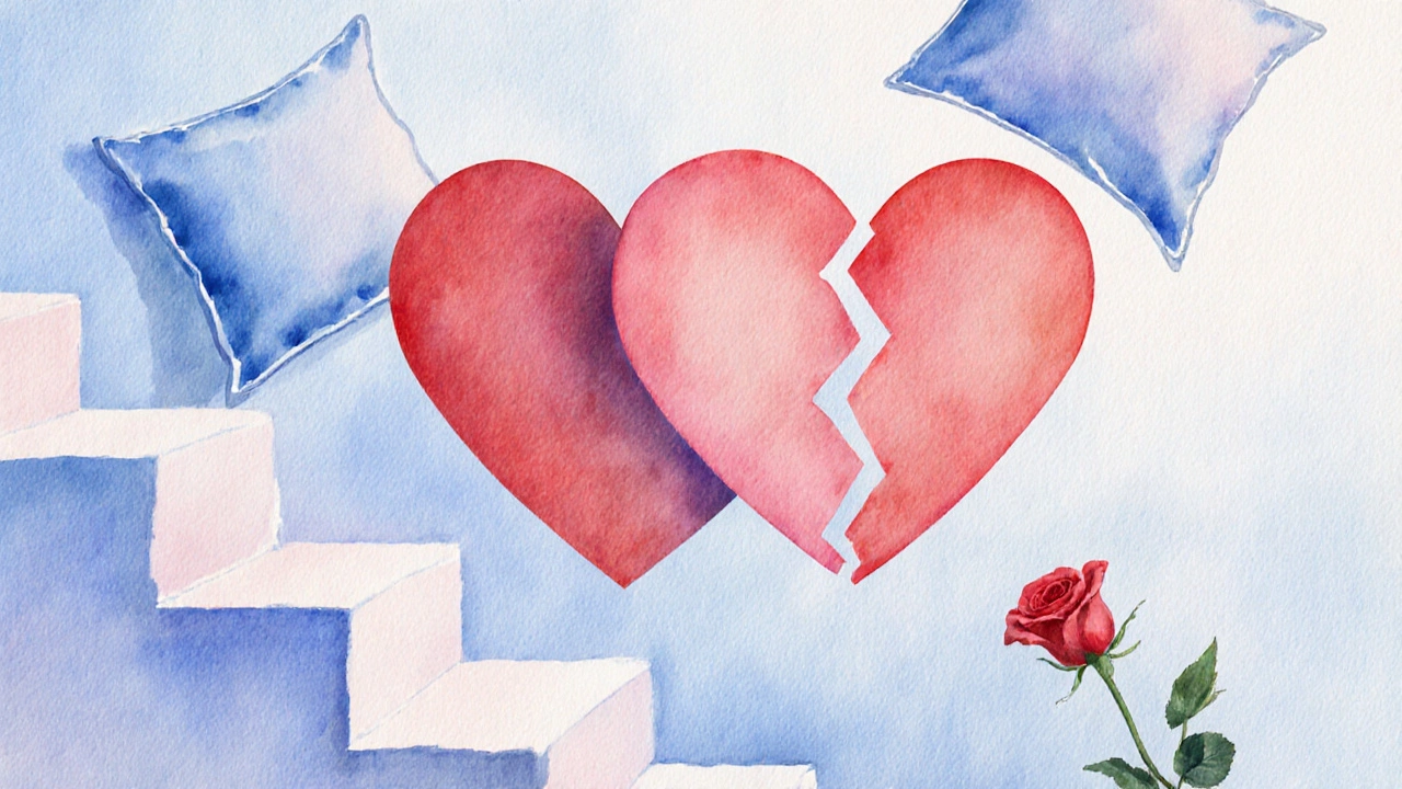 Two healing hearts surrounded by pillows, a small staircase, and a rose, symbolizing safe recovery and intimacy.