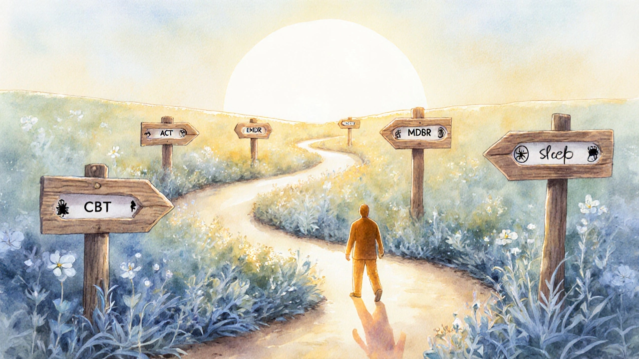 Watercolor of a garden path with signposts symbolizing different therapies.
