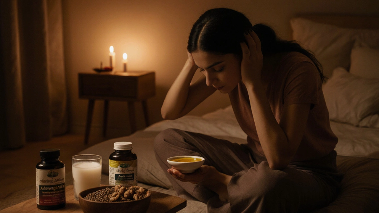 Woman massaging warm Ayurvedic oil into scalp at night, surrounded by supplements and nuts.