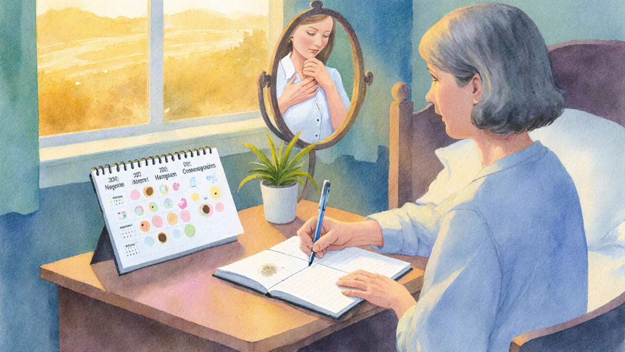 Woman writing in a symptom diary beside a calendar of screenings, examining herself in a sunrise-lit room.