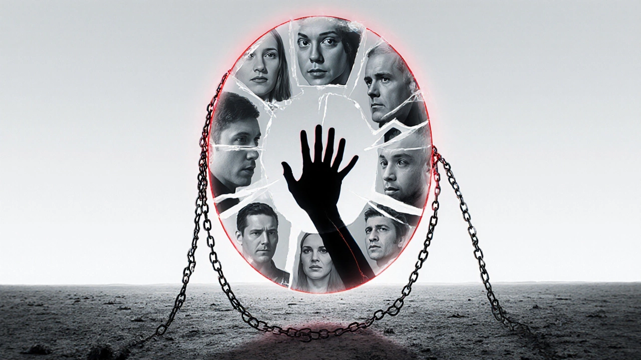 A fractured mirror reflects ten faces of mental illness, bound by chains, as a hand reaches toward the glass.