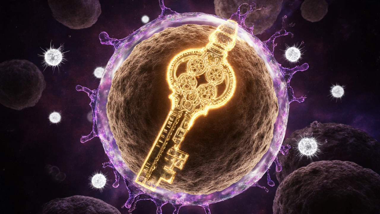 A personalized vaccine unlocking a tumor shielded by stroma, with immune cells attacking.