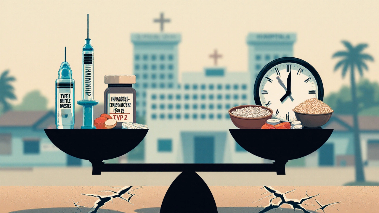 A symbolic scale balances Type 1 and Type 2 diabetes tools, with rural and urban backgrounds showing unequal access.