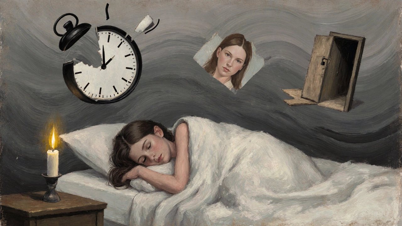 A woman lies curled on a bed, surrounded by symbolic fragments of time, isolation, and a single flickering candle of hope.