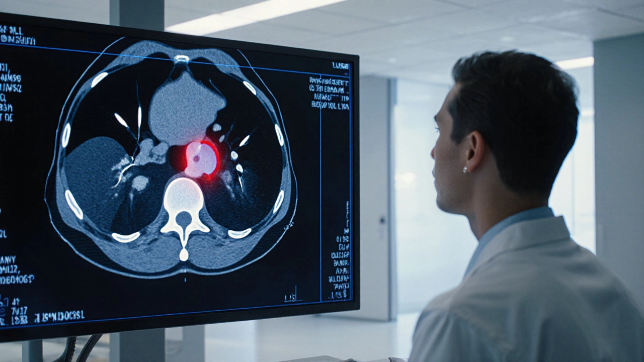 An AI system detecting a hidden pancreatic tumor on a CT scan in a hospital.