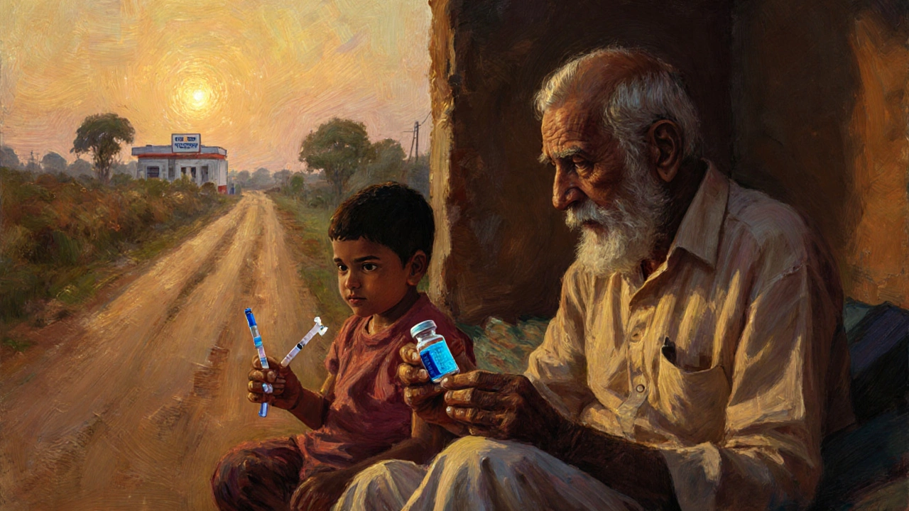 An elderly man in rural India stares at unopened insulin as a child holds a torn test strip at dusk.