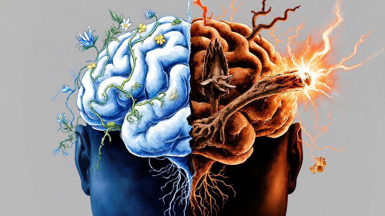 Brain illustration showing calming herbs on one side and anxiety-triggering herbs on the other.