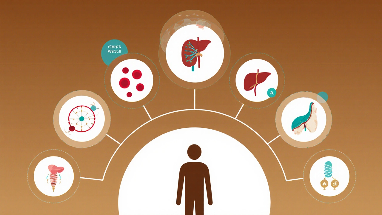 Five interconnected health test components shown as illustrated circles with icons