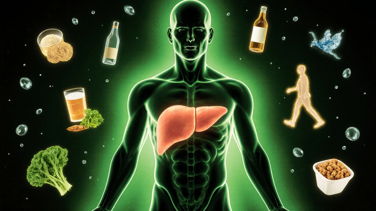 Healthy liver radiating calm light while sugary drinks fade into shadow and wholesome foods glow nearby.